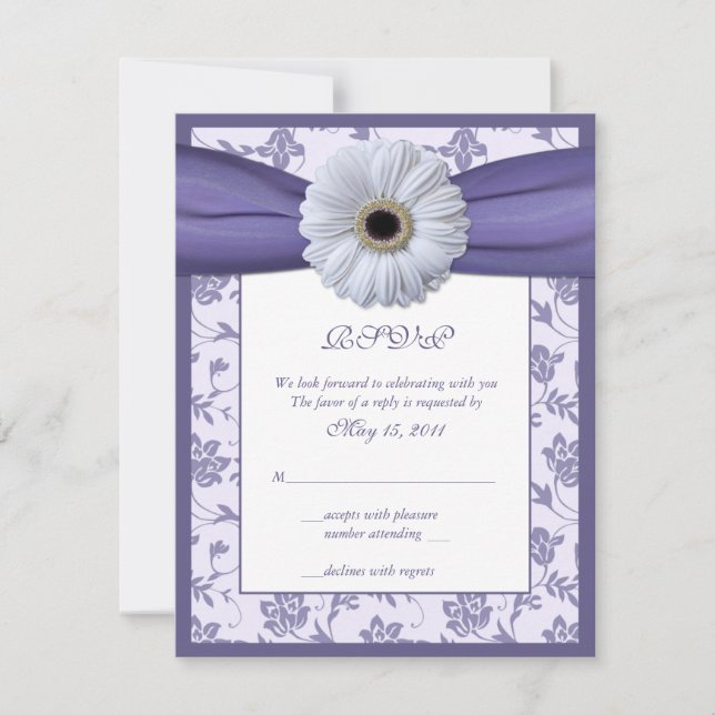 White Purple Floral Damask Wedding Reply Card (Front)