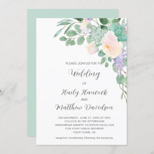White Purple Floral Greenery Eucalyptus Succulents Invitation