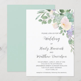 White Purple Floral Greenery Eucalyptus Succulents Invitation