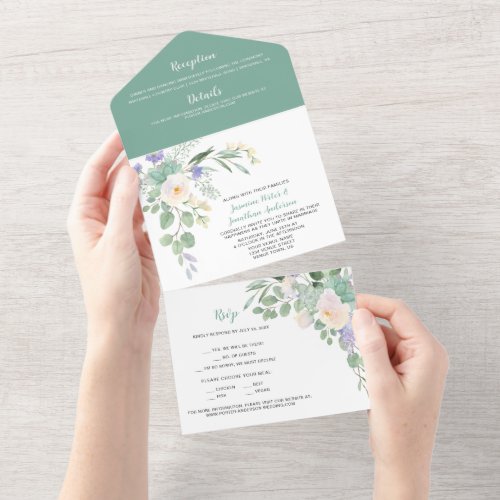White  Purple Floral Succulents  Eucalyptus All In One Invitation