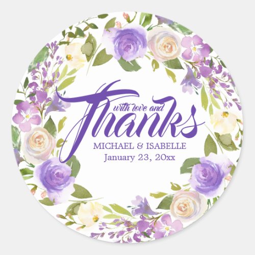 White Purple Floral Wedding Thank You Classic Round Sticker
