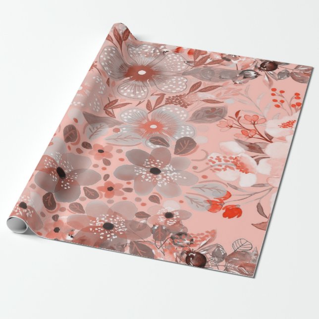 White & Purple flowers On A pink Pattern Wrapping Paper (Unrolled)