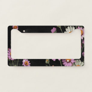 White & Purple Flowers on Black – Elegant Floral License Plate Frame