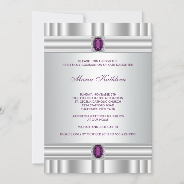 White Purple Girls Purple First Communion Invitation (Front)