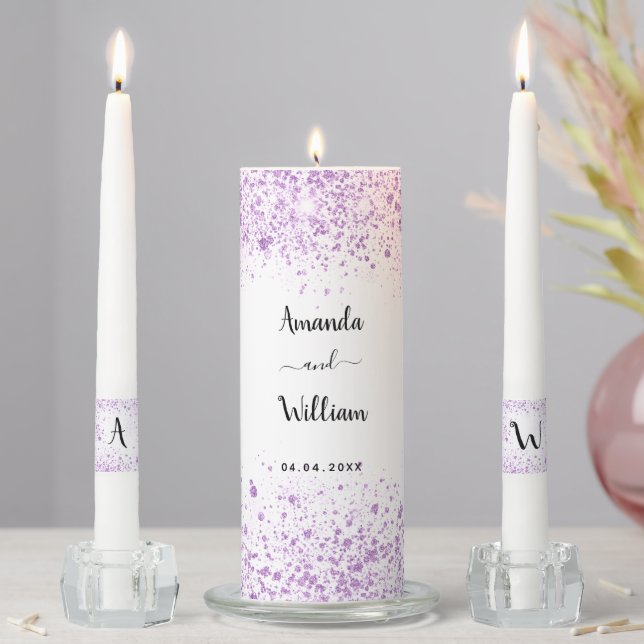 White purple glitter couple names wedding unity candle set (In Situ)