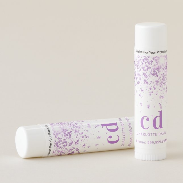 White purple glitter custom monogram business lip balm (Front)