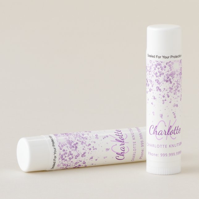 White purple glitter custom monogram business lip balm (Front)