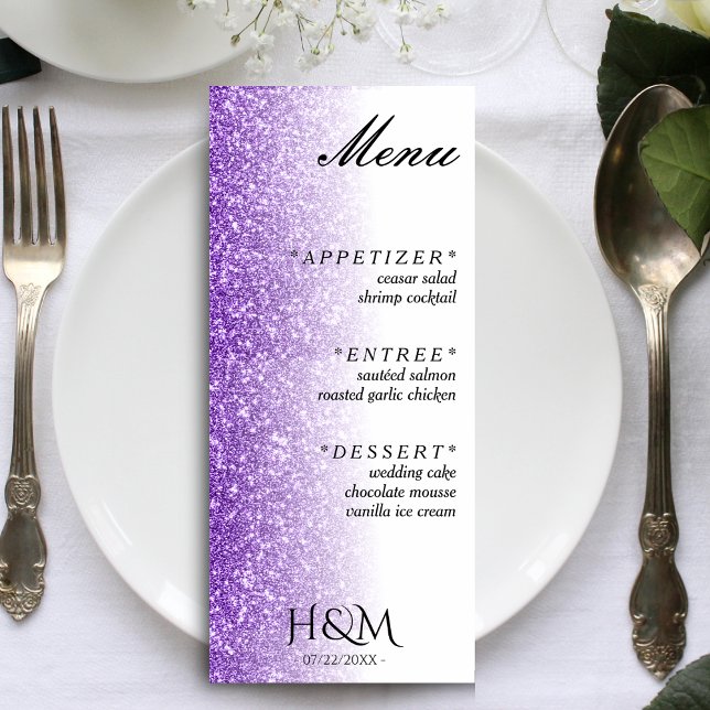 White & Purple Glitter Dinner Wedding Reception Menu (White & Purple Glitter Dinner Wedding Reception Menu)