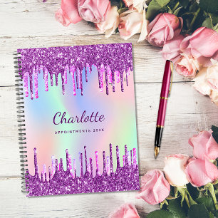 White purple glitter drips pink monogram 2023 planner