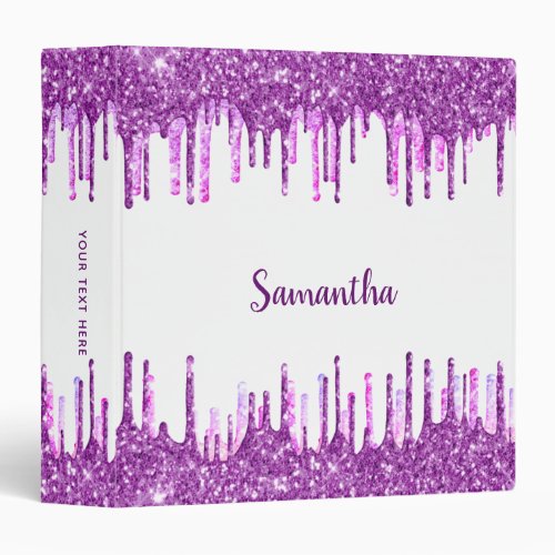 White purple glitter drips pink monogram name 3 ring binder