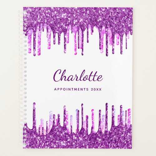 White purple glitter drips pink monogram planner