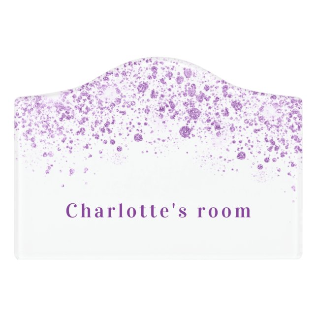 White purple glitter dust custom monogram name door sign (Small Crest Front)