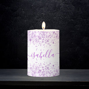 White purple glitter dust name script  pillar candle