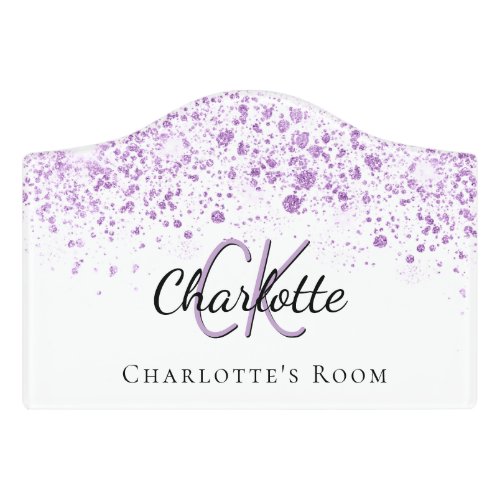 White purple glitter name monogram initials door sign