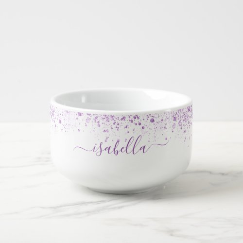 White purple glitter name script soup mug