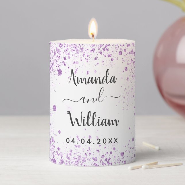 White purple glitter names elegant wedding pillar candle (In Situ)