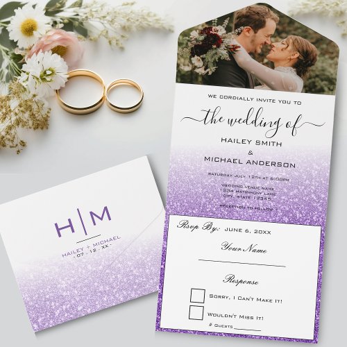 White  Purple Glitter Ombre Modern Photo Wedding All In One Invitation