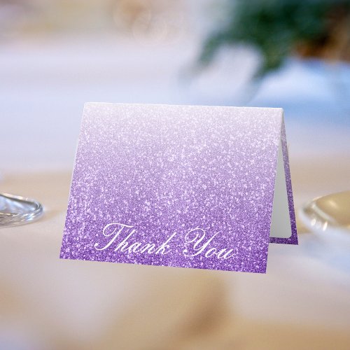 White  Purple Glitter Ombre Photo Wedding Thank You Card