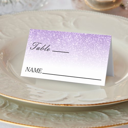 White  Purple Glitter Ombre Wedding Place Card