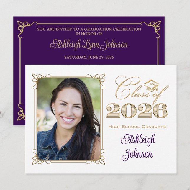 White, Purple, Gold 2026 Photo Graduation Invite (Front/Back)