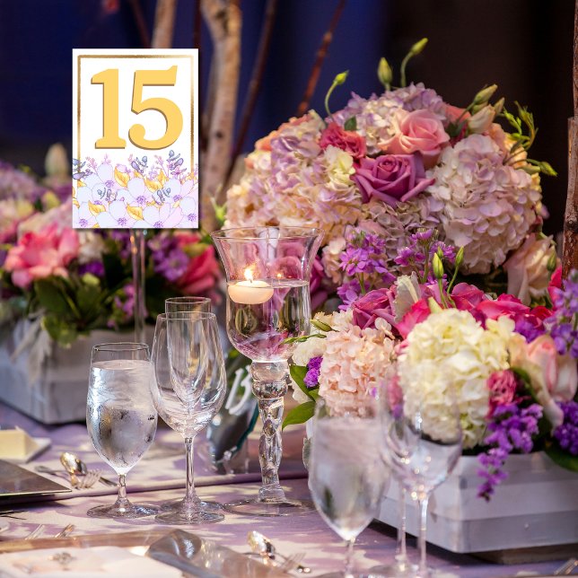 White Purple Gold Floral Gold Framed Table Card (Creator Uploaded)