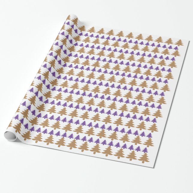 White Purple & Gold-Tan Christmas Tree Gift Wrap (Unrolled)