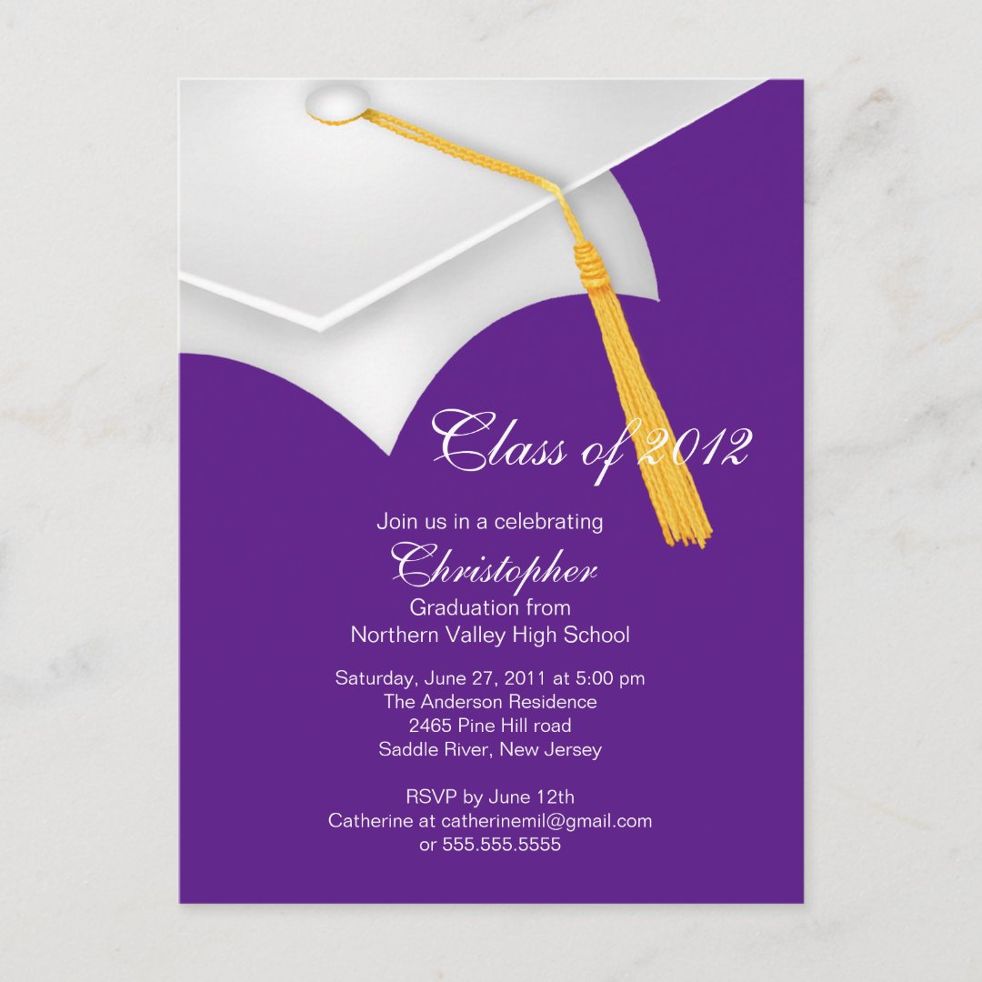 White Purple Grad Cap Graduation Party Invitation Zazzle