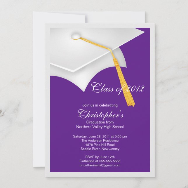 White Purple Grad Cap Graduation Party Invitation (Front)