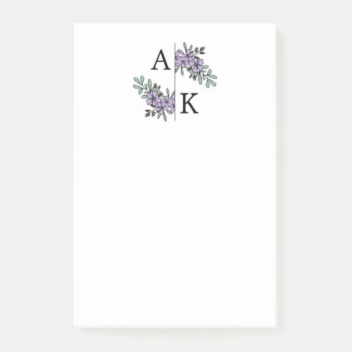 White Purple Green Floral Monogram Post_it Notes