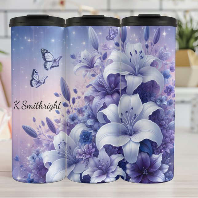 White Purple Lily Butterfly Sparkle Thermal Tumbler (Creator Uploaded)
