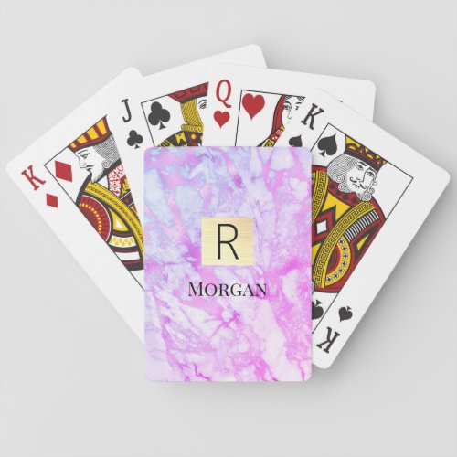 White  Purple Marble Gold Box Name  Monogram Playing Cards