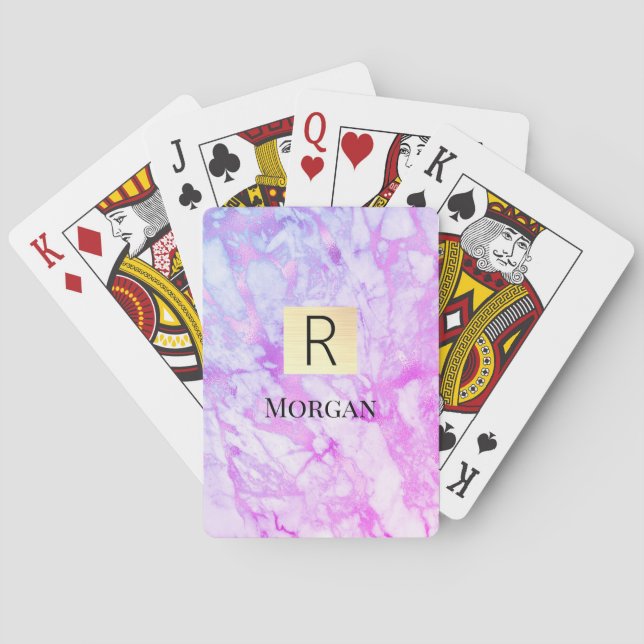 White & Purple Marble Gold Box, Name & Monogram Poker Cards (Back)