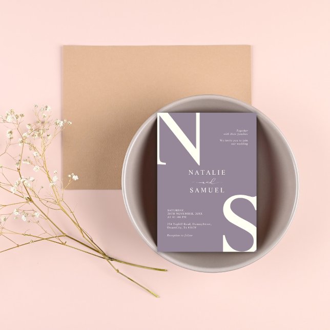 White Purple Minimalist Elegant Bold Initials Wedd Invitation (Creator Uploaded)