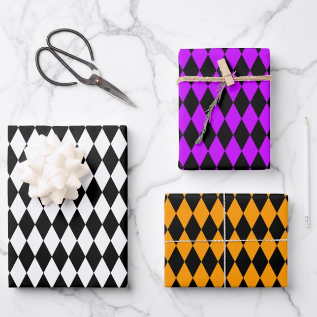 White Purple Orange and Black Harlequin  Wrapping Paper Sheets (Front)