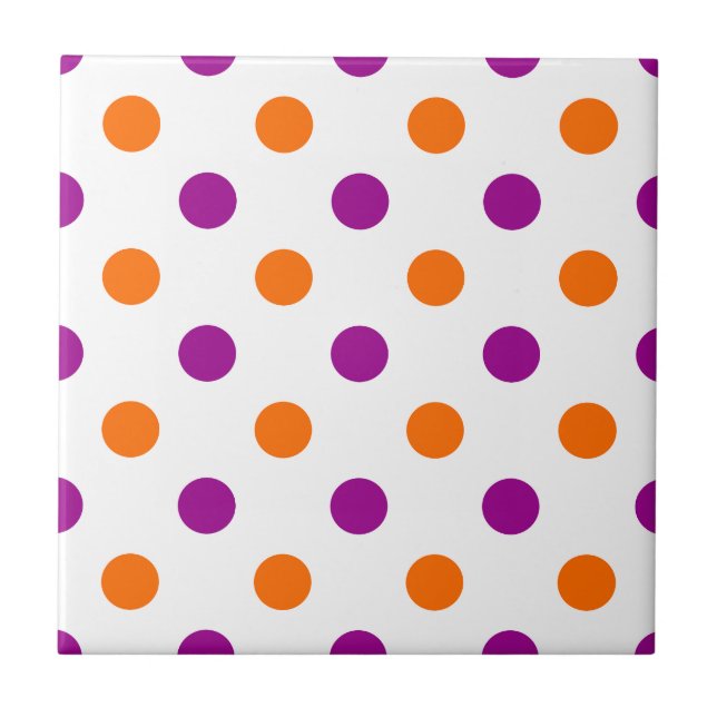 White Purple Orange Polka Dots Pattern Ceramic Tile (Front)
