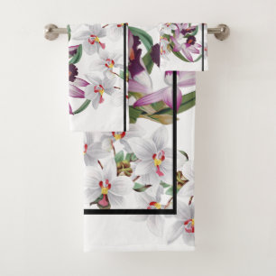 White Purple Orchid Flowers Stripe Bath Towel Set