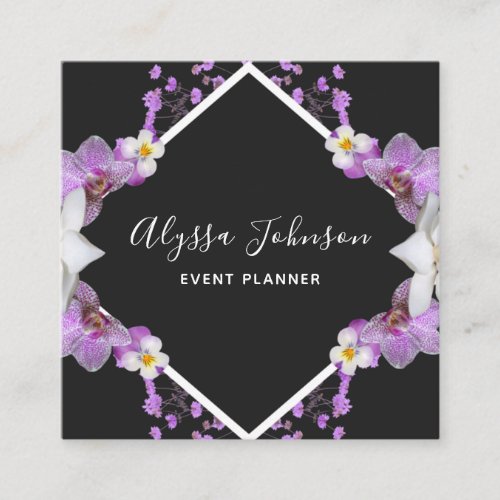 White  Purple Orchid Frame Floral Event Planner  Square Business Card