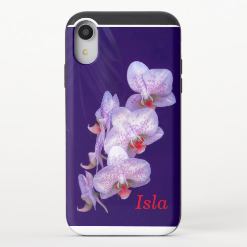 White  Purple Orchids on Purple Background iPhone XR Slider Case