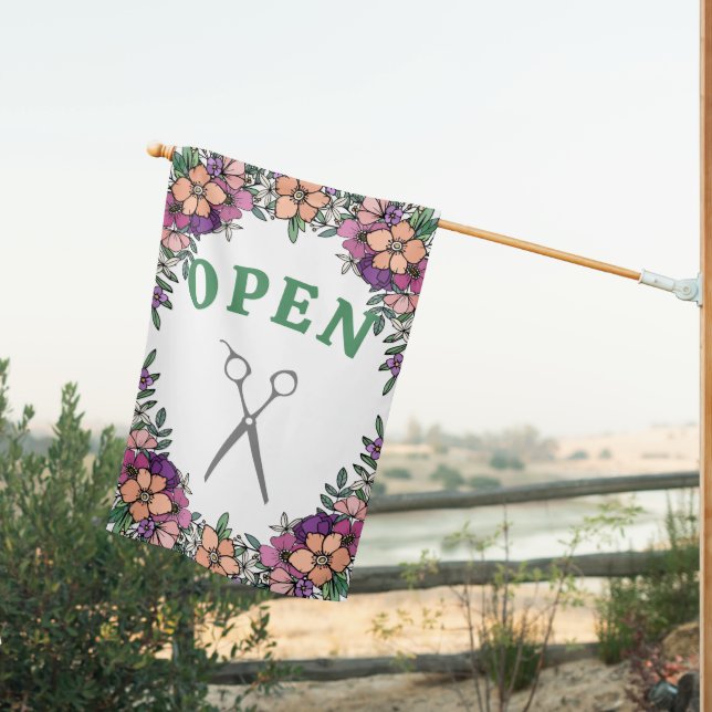 White Purple Peach Flowers Hair Salon Open House Flag (Insitu (Back))