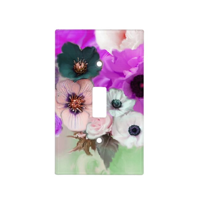 WHITE PURPLE ROSES AND ANEMONE FLOWERS Green Teal Light Switch Cover (Front)