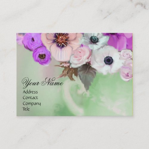 WHITE PURPLE ROSES AND ANEMONE FLOWERS MONOGRAM BUSINESS CARD