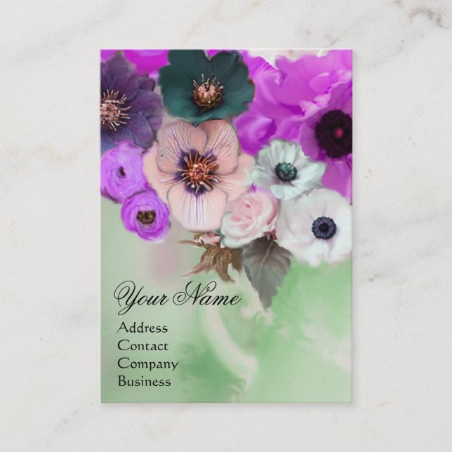 WHITE PURPLE ROSES AND ANEMONE FLOWERS MONOGRAM BUSINESS CARD (Front)