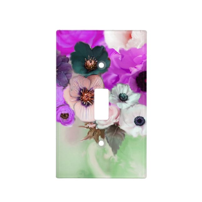 WHITE PURPLE ROSES AND ANEMONE FLOWERS ,Teal Green Light Switch Cover (Front)