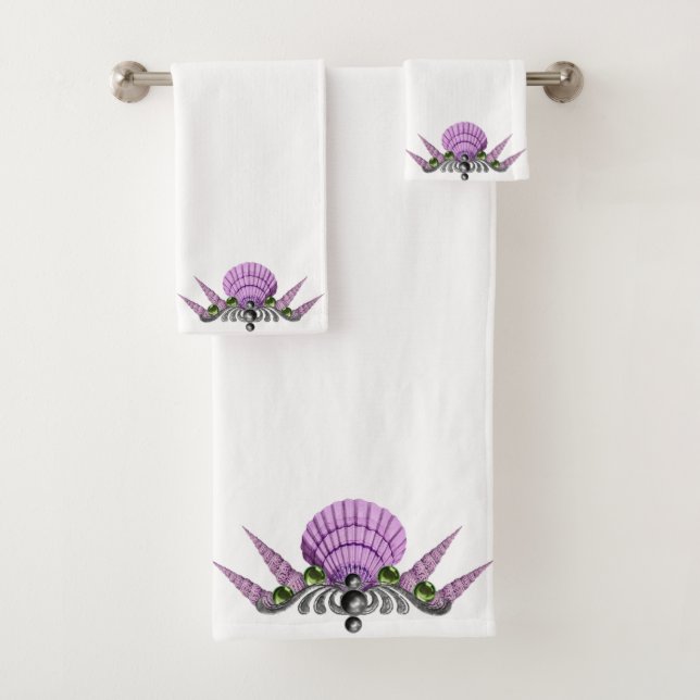 WHITE PURPLE SEASHELL BATHROOM TOWEL SET (Insitu)