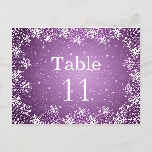 White purple snowflakes wedding table number card (Back)