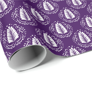 White & Purple Stylized Damasks Feathers Wrapping Paper