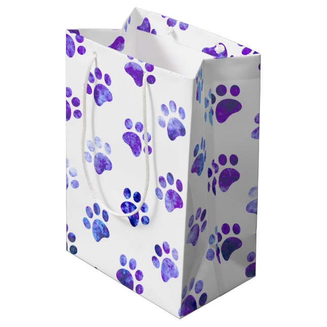 White Purple Textured Paw Print Pattern Medium Gift Bag (Back Angled)