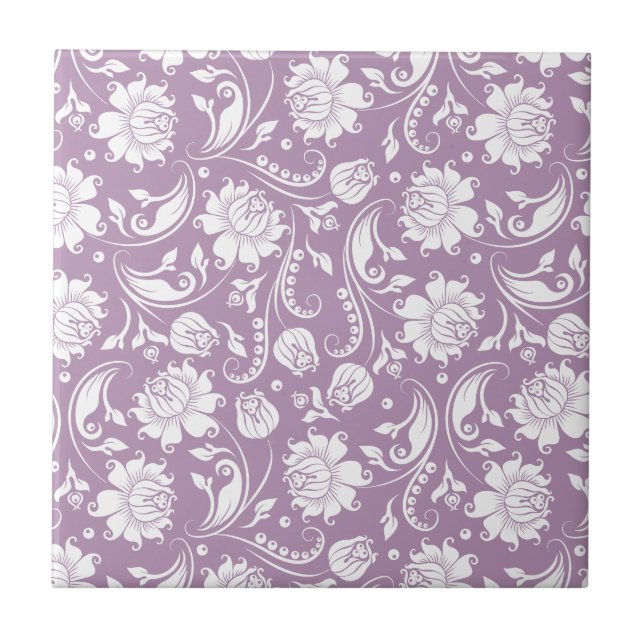 White & Purple Vintage Floral Damasks Tile (Front)