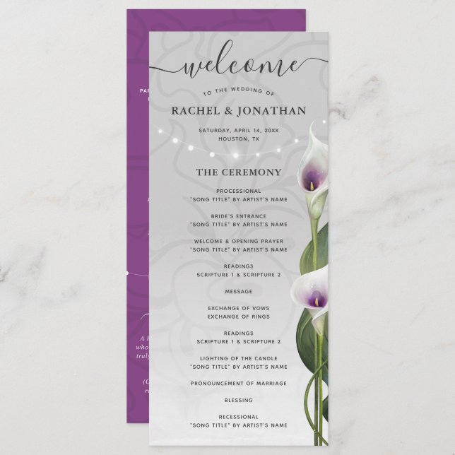 White Purple Watercolor Calla Lily Flowers Wedding Program (Front/Back)