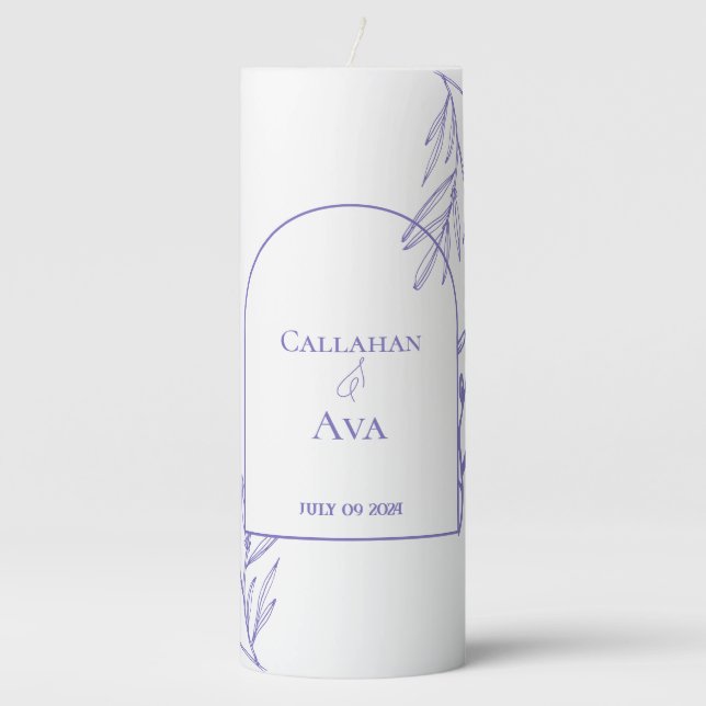 White & purple with Arch Design couple names Pillar Candle (Front)